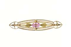 10K Yellow Gold Art Deco Pink Topaz Filigree Ornate Bar Pin/Brooch