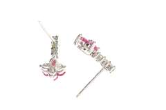 10K White Gold Ruby Flower Cluster Drop Diamond Earrings