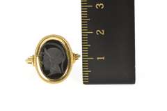 18K Yellow Gold Ornate Carved Black Onyx Intaglio Scrollwork Ring