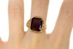 10K Yellow Gold Emerald Cut Syn. Ruby Men's Retro Statement Ring