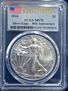 2016 $1 AMERICAN SILVER EAGLE PCGS MS70 FLAG FIRST STRIKE LABEL 30th ANNIVERSARY
