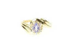 14K Yellow Gold Tanzanite Diamond Halo Wavy Classic Bypass Ring