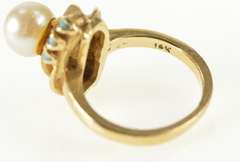 14K Yellow Gold 1960's Pearl Turquoise Leaf Cocktail Ring