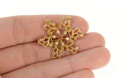 14K Yellow Gold Pearl Syn. Ruby Retro Ornate Scroll Swirl Pin/Brooch
