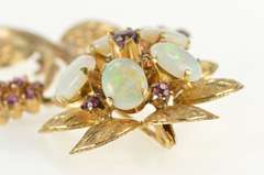 14K Yellow Gold Natural Opal Ruby Etched Flower Statement Pin/Brooch
