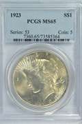 Great Gem BU 1923 Peace Silver Dollar. PCGS MS65