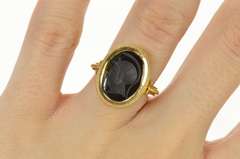 18K Yellow Gold Ornate Carved Black Onyx Intaglio Scrollwork Ring