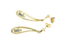 10K Yellow Gold Oval Sapphire Diamond Tear Drop Dangle Earrings