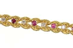 14K Yellow Gold Retro Ruby Diamond Rope Woven Chain Bracelet