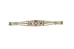 10K White Gold Art Deco Princess Amethyst Etched Bow Bar Pin/Brooch