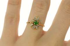 14K Yellow Gold Round Emerald Diamond Cluster Accent Ring