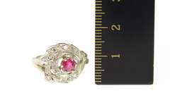 14K White Gold 1950's Ornate Syn. Ruby Diamond Leaf Swirl Ring