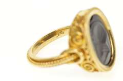 18K Yellow Gold Ornate Carved Black Onyx Intaglio Scrollwork Ring