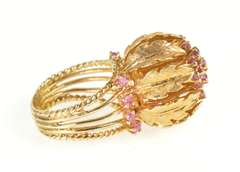 14K Yellow Gold Ruby Encrusted Ornate Leaf Cocktail Huge Ring