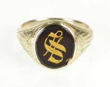 10K White Gold Art Deco Black Onyx S Monogram Letter Men's Ring