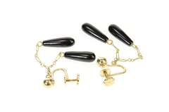 14K Yellow Gold Retro Black Onyx Drop Chain Fringe Screw Back Earrings