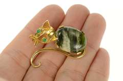 14K Yellow Gold Retro Jasper Emerald Stylized Cat Kitten Pin/Brooch