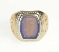 14K Yellow Gold Art Deco Etched Blue Chalcedony Monogram Ring