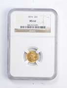 MS62 1874 $1.00 Indian Princess Head Gold Dollar - Graded NGC