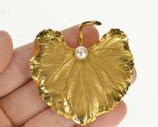 14K Yellow Gold Retro Huge Pearl Satin Finish Leaf Pin/Brooch