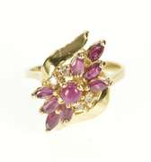 14K Yellow Gold Marquise Ruby Diamond Bypass Cluster Cocktail Ring