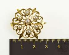 14K Yellow Gold 1950's Scroll Filigree Pearl Statement Pin/Brooch