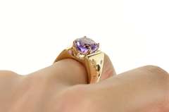 14K Yellow Gold Amethyst Geometric Flush Diamond Emerald Ring