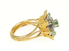 18K Yellow Gold Retro Two Tone Emerald Floral Rope Cocktail Ring