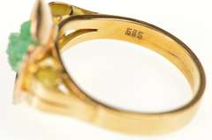 14K Yellow Gold Retro Ornate Raw Emerald Floral Motif Statement Ring