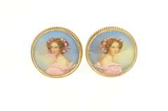 14K Yellow Gold Victorian Ornate Painted Lady Statement Earrings