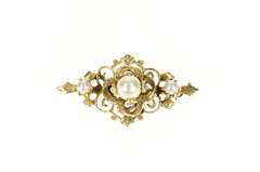 14K Yellow Gold Victorian Pearl Turquoise Ornate Scroll Pin/Brooch