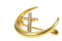 10K Yellow Gold Seed Pearl Cross Crescent Moon Victorian Pin/Brooch