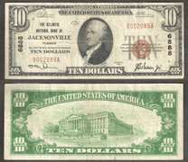 $10 1929-1 NBN JACKSONVILLE, FL ATLANTIC NB JACKSONVILLE Ch 6888 TOUGH STATE VF