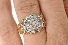 10K Yellow Gold Men's Retro Diamond Cluster Scroll Filigree Ring