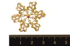 14K Yellow Gold Pearl Syn. Ruby Retro Ornate Scroll Swirl Pin/Brooch