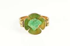 14K Yellow Gold Retro Ornate Raw Emerald Floral Motif Statement Ring