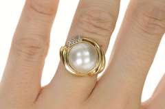 14K Yellow Gold Mabe Pearl Diamond Accent Retro Statement Ring