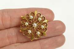 14K Yellow Gold 1950's Scroll Filigree Pearl Statement Pin/Brooch