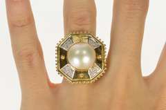 14K Yellow Gold Pearl Geometric Diamond Squared Cocktail Ring