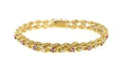 14K Yellow Gold Retro Ruby Diamond Rope Woven Chain Bracelet