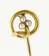 14K Yellow Gold Pearl Inset Shamrock Clover Victorian Stick Pin