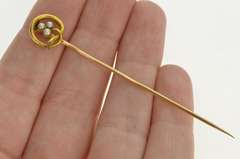 14K Yellow Gold Pearl Inset Shamrock Clover Victorian Stick Pin