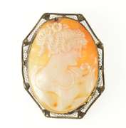 14K Yellow Gold Art Deco Ornate Carved Lady Cameo Filigree Pendant/Pin