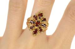 14K Yellow Gold Ornate Oval Garnet Halo Elaborate Cocktail Ring