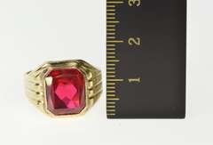 10K Yellow Gold Emerald Cut Syn. Ruby Inset Grooved Ring
