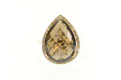 14K Yellow Gold Pear Faceted Smoky Quartz Diamond Halo Ring
