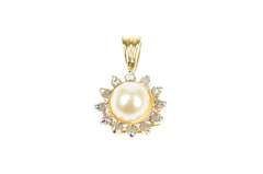 14K Yellow Gold Classic Pearl Diamond Halo Statement Pendant