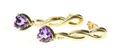 14K Yellow Gold Heart Amethyst Dangle Twist Bar Statement Earrings