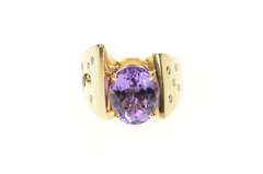 14K Yellow Gold Amethyst Geometric Flush Diamond Emerald Ring