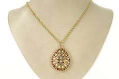 14K Yellow Gold 1960's Ornate Syn. Sapphire Pearl Tear Drop Pendant